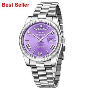 Stainless Steel Analog Quartz Dress Watch with Diamond Bezel Day Date